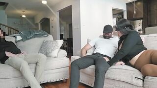 Hot MILF Teacher in leggings sucks the dick of her neighbor while her husband is watching