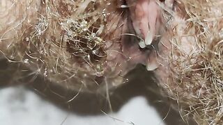 Power piss in toilet ???? Mega hairy pussy peeing Close up